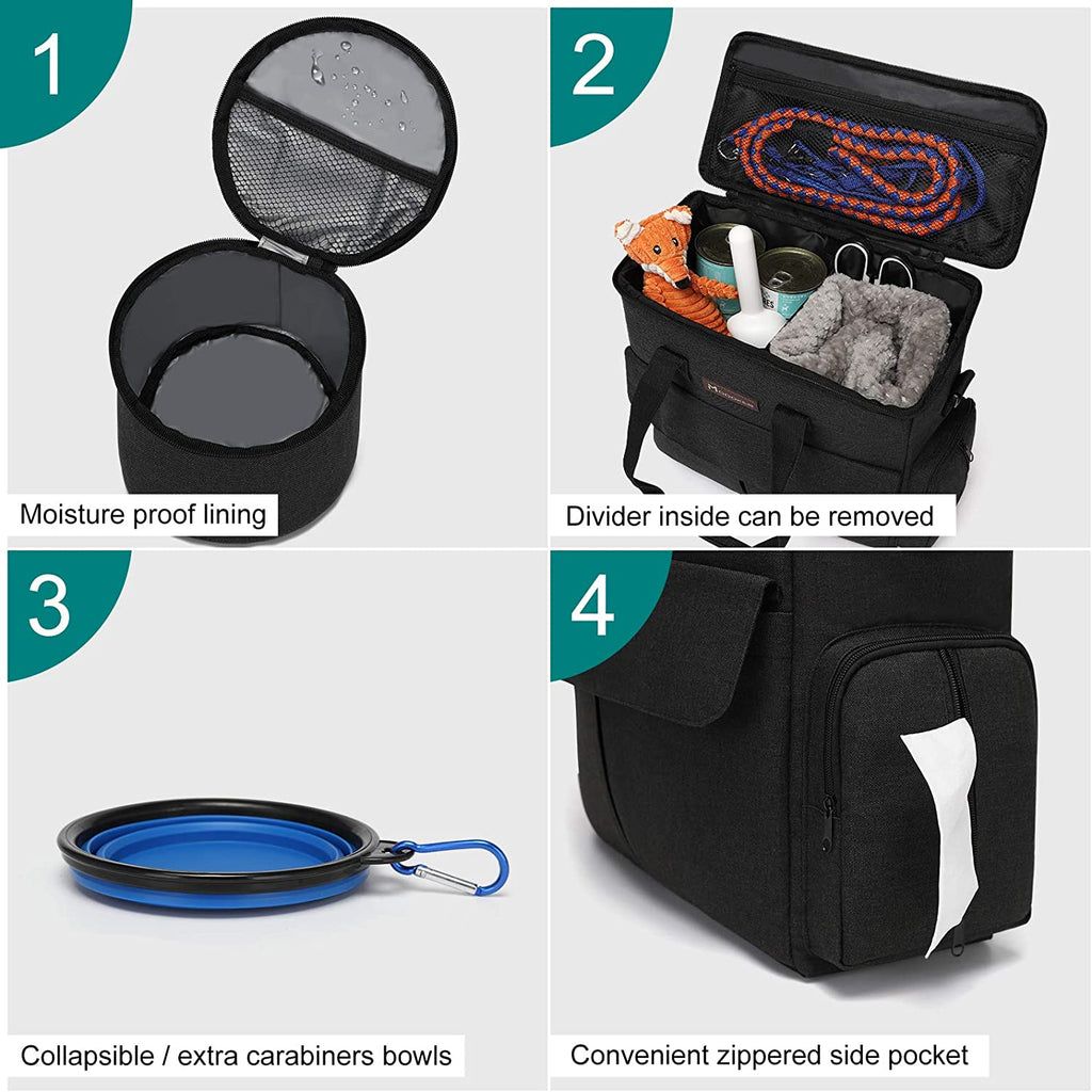 Dog Travel Bag by  - Dog Travel Kit for a Weekend Away Set Includes Pet Travel Bag Organizer for Accessories, 2 Collapsible Bowls, 2 Travel Food Container (Black)